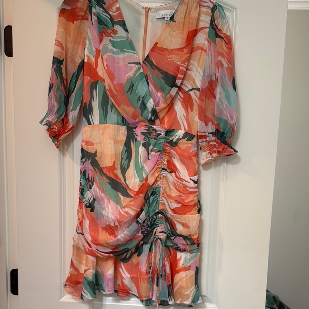 Adelyn Rae Orange Pink Fit and Flare Mini Dress V-neck Puff Sleeve